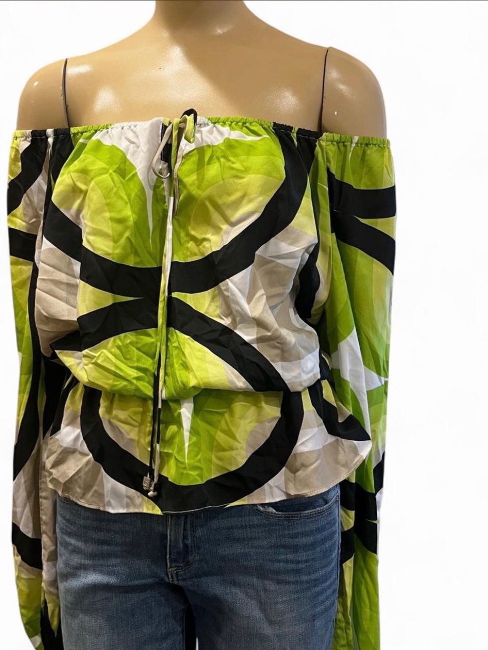 Michael Kors Lime Green Black & White Off-Shoulder Tie-Front Blouse